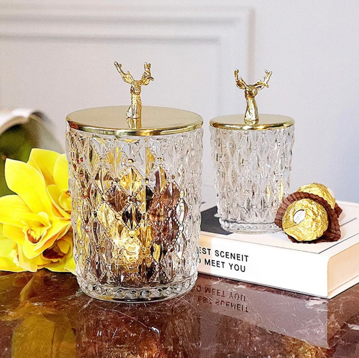 European Crystal Container with Gold Deer Lid- Large and Small