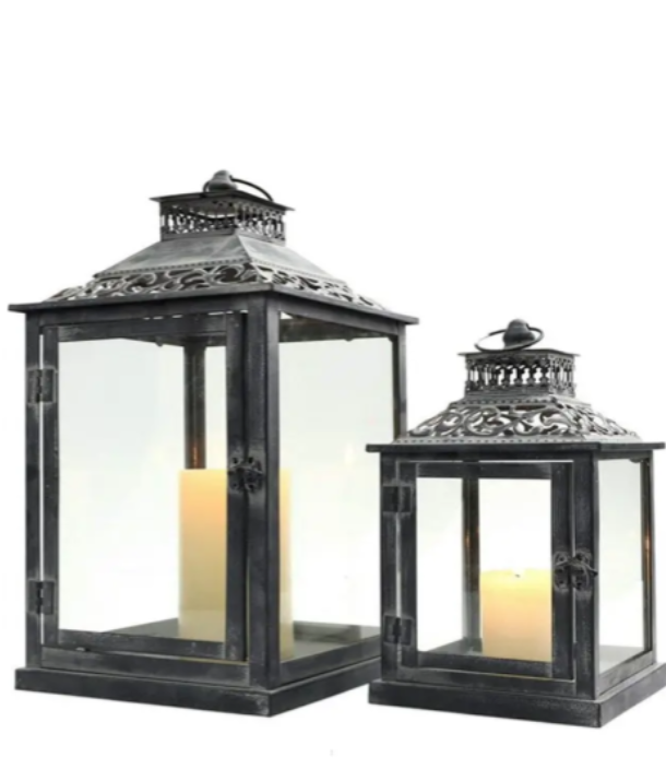 Black Decorative Candle Lantern with 2 Glass Panels