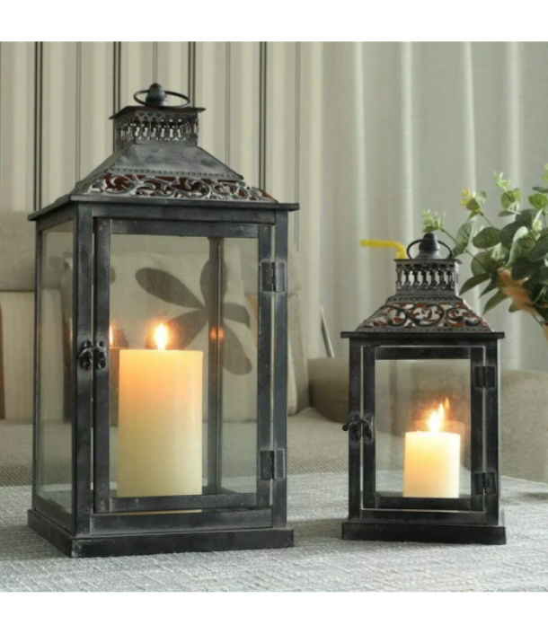 Black Decorative Candle Lantern with 2 Glass Panels