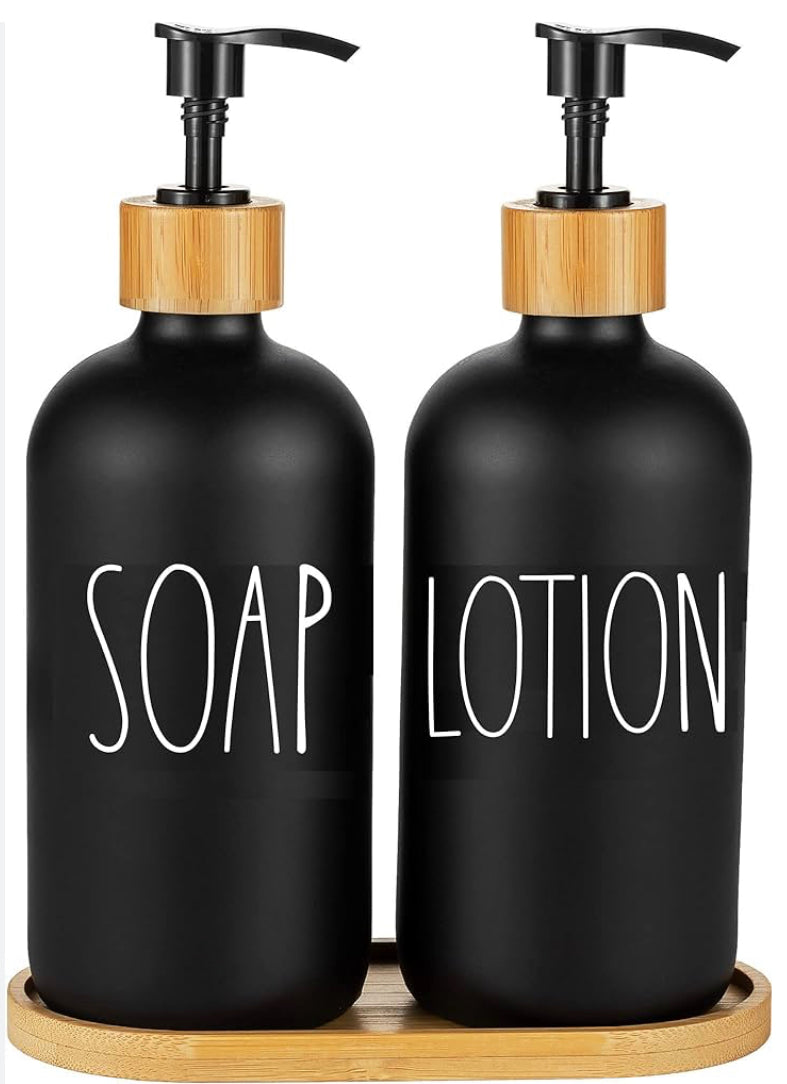 Set of 2- Matte Black Liquid SoapStorage Bottle With Bamboo Tray